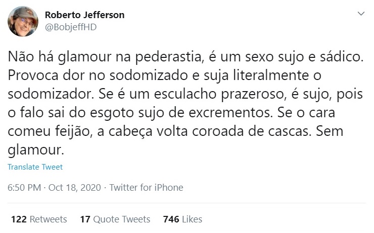 Roberto Jefferson publica post de ódio contra gays e fala de sexo sujo