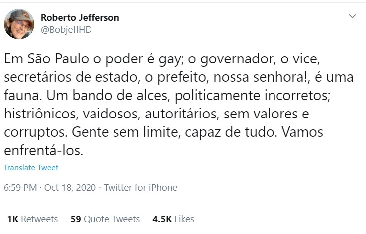 Roberto Jefferson diz que Doria, Bruno Covas e Rodrigo Garcia são gays