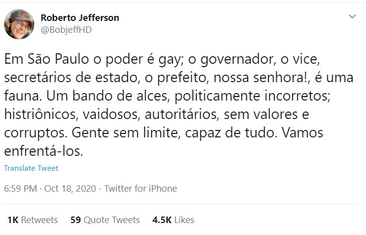 Roberto Jefferson diz que Doria, Bruno Covas e Rodrigo Garcia são gays